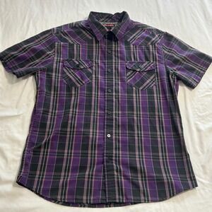 Tony Hawk Mens Large Purple Plaid Short Sleeve Western Button Down Shirt